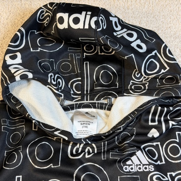 Adidas Kids Black All Over Logo Print Hooded Pullover Sweatshirt Size S 7/8 - Picture 5 of 7